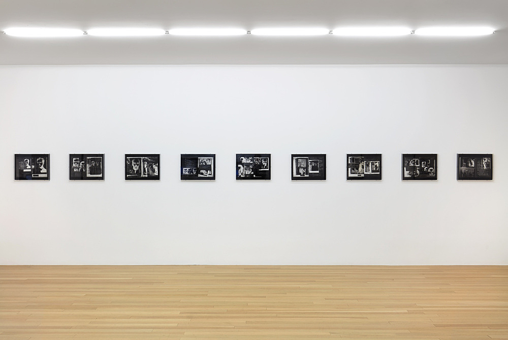 Lutz Bacher – The Lee Harvey Oswald Interview (Negative), 1976-78 9 photostatic silver gelatin prints, black cardstock, in artist’s frame each 13,25 x 18 inches (framed: 14,5 x 19,5 x 1,5 inches) installation view Galerie Buchholz, New York 2021