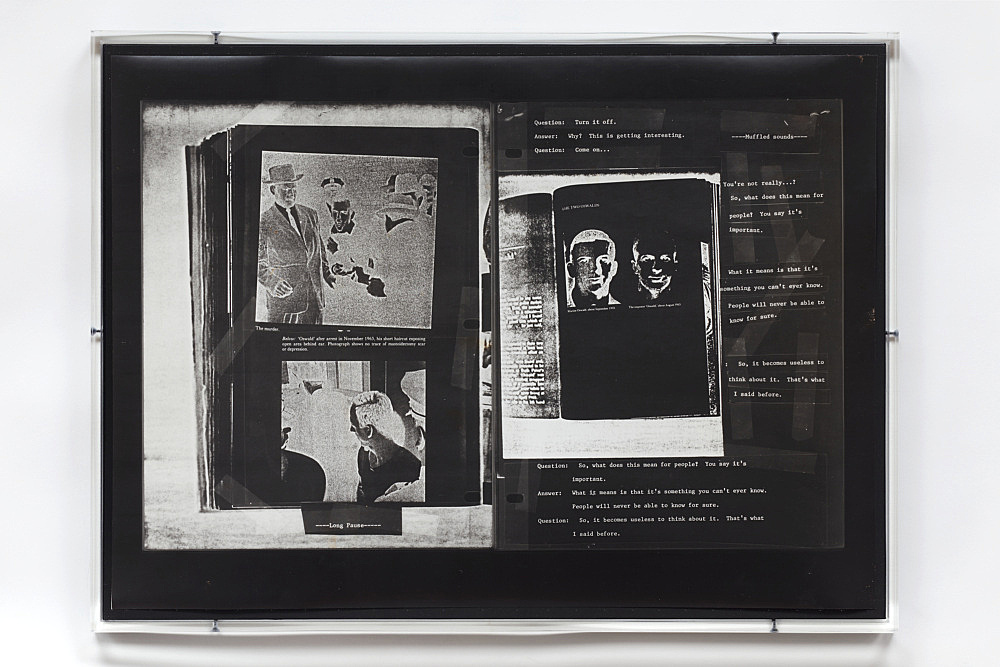 Lutz Bacher – The Lee Harvey Oswald Interview (Negative), 1976-78 9 photostatic silver gelatin prints, black cardstock, in artist’s frame each 13,25 x 18 inches (framed: 14,5 x 19,5 x 1,5 inches) detail