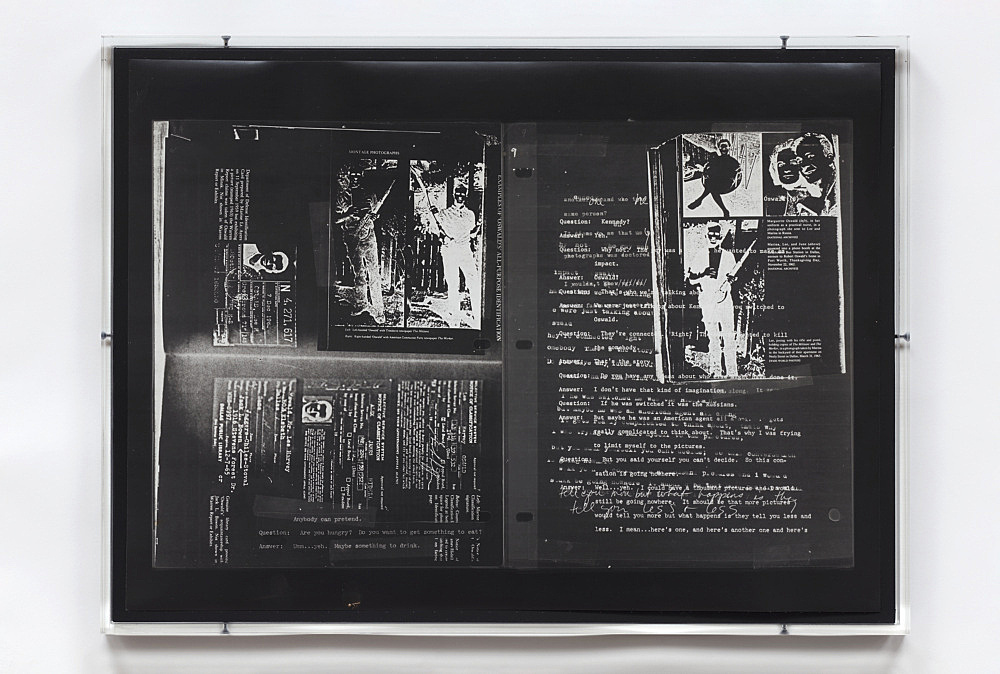 Lutz Bacher – The Lee Harvey Oswald Interview (Negative), 1976-78 9 photostatic silver gelatin prints, black cardstock, in artist’s frame each 13,25 x 18 inches (framed: 14,5 x 19,5 x 1,5 inches) detail
